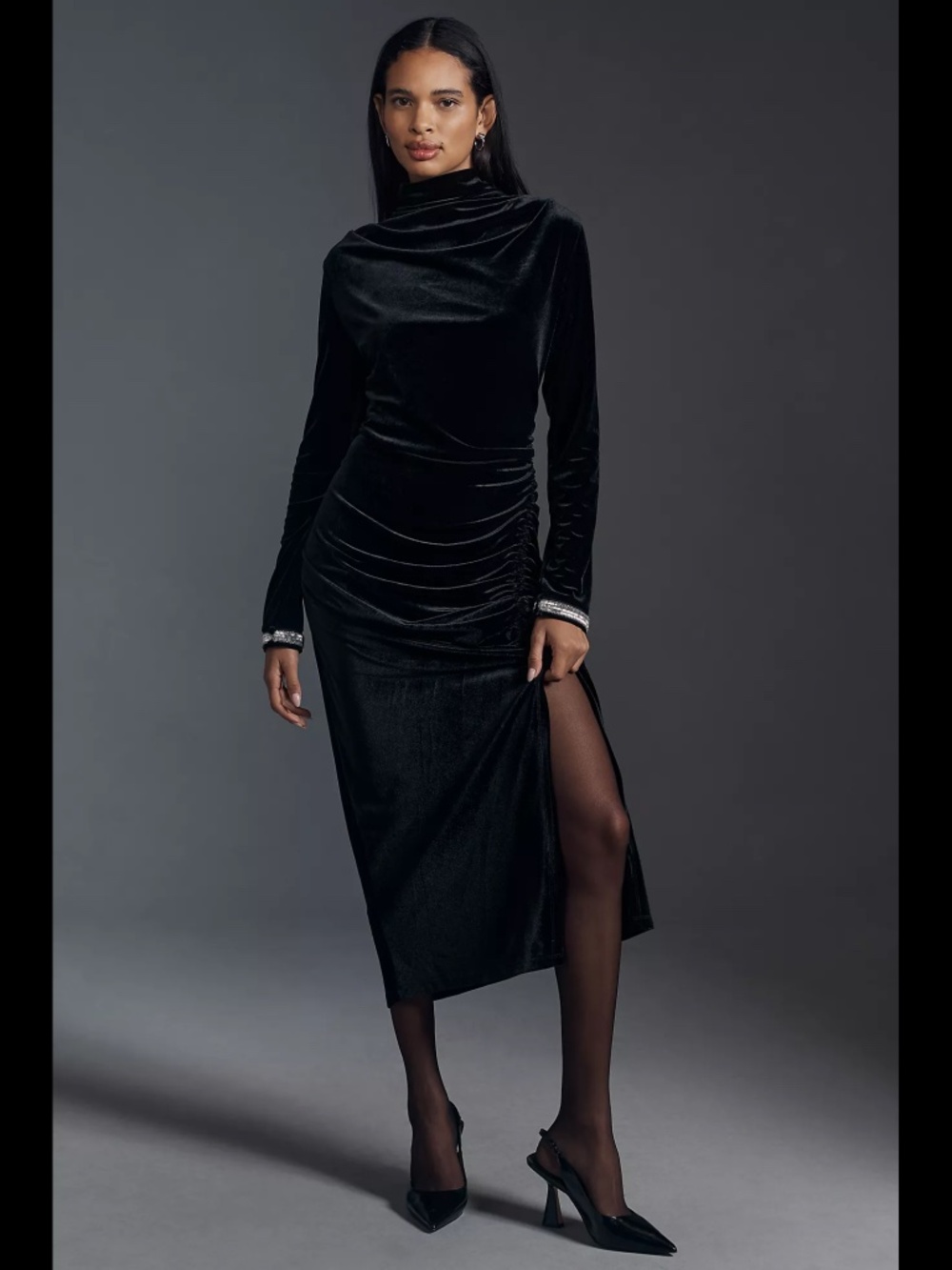 Anthropologie The Maya Ruched Cowl-Neck Dress: Velvet Long-Sleeve Edition